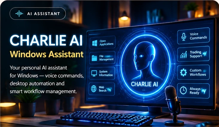 CHARLIE AI premium blue futuristic Windows assistant workstation with voice and automation interfaces