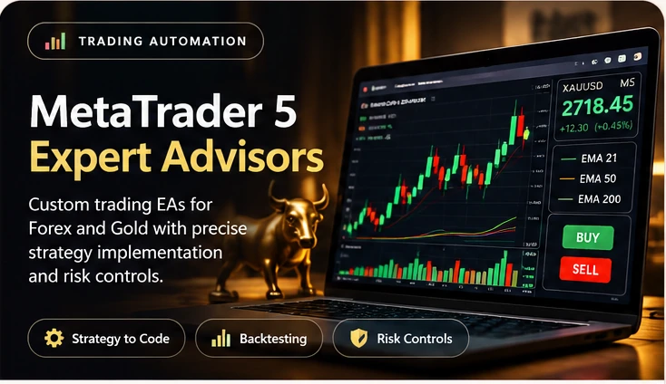 Illustrative MetaTrader 5 dashboard with green and red trading candles and volume bars