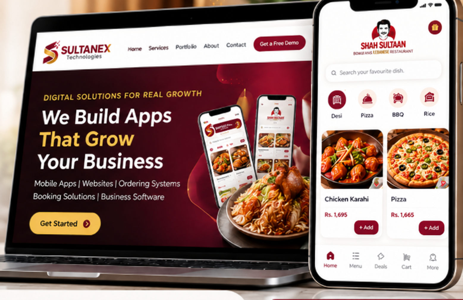 Visual concept showing SULTANEX Technologies website alongside Shah Sultaan Restaurant ordering app