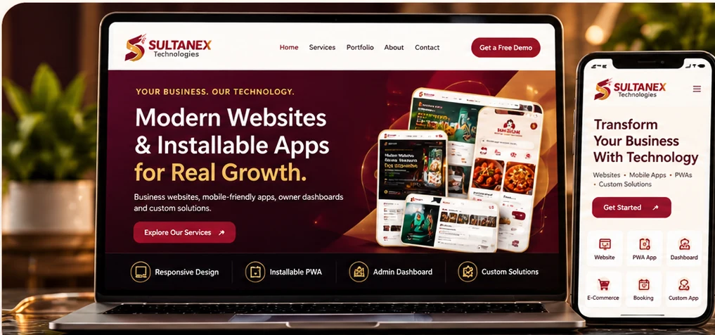 Illustrative SULTANEX website displayed on a laptop and mobile installable app